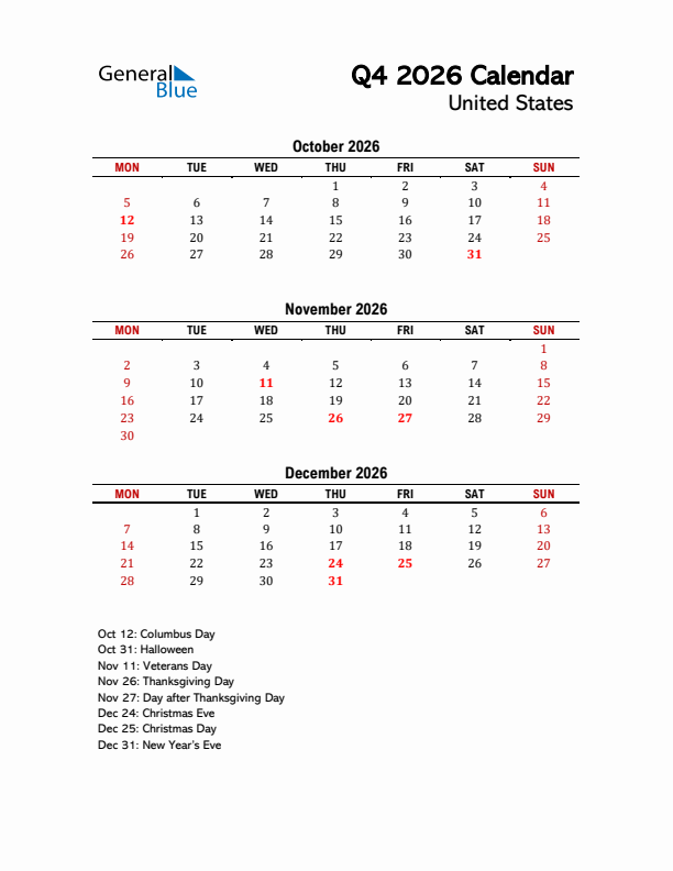 2026 Q4 Calendar with Holidays List for United States