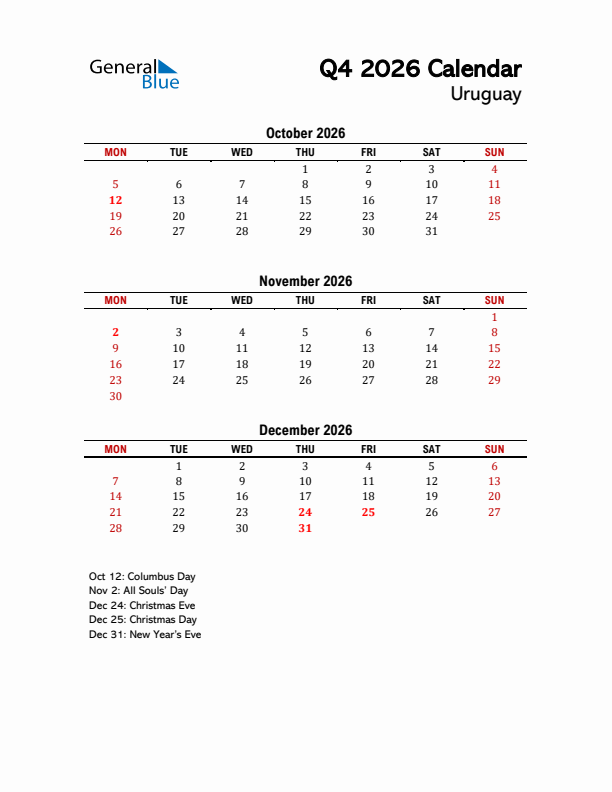 2026 Q4 Calendar with Holidays List for Uruguay