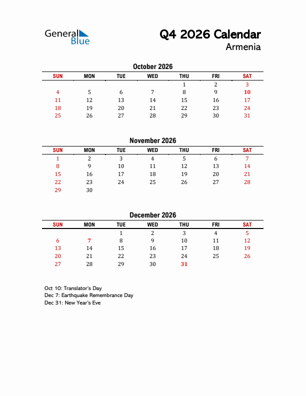 2026 Q4 Calendar with Holidays List for Armenia