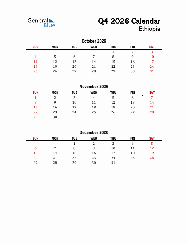 2026 Q4 Calendar with Holidays List for Ethiopia