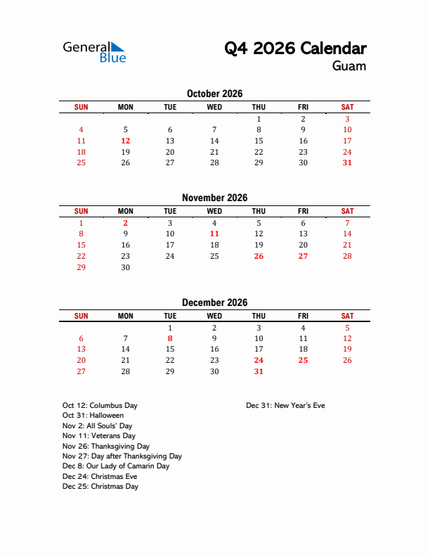 2026 Q4 Calendar with Holidays List for Guam