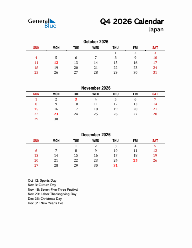 2026 Q4 Calendar with Holidays List for Japan