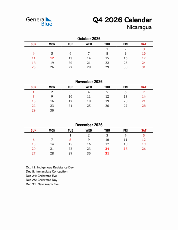 2026 Q4 Calendar with Holidays List for Nicaragua