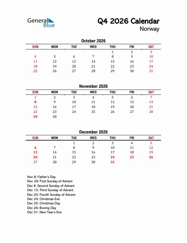 2026 Q4 Calendar with Holidays List for Norway