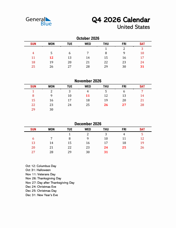 2026 Q4 Calendar with Holidays List for United States