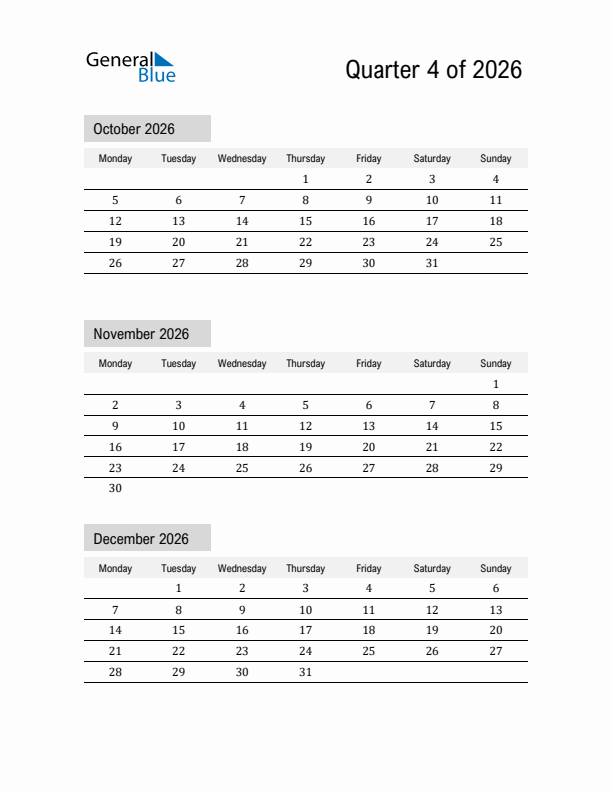 October, November, and December Calendar 2026