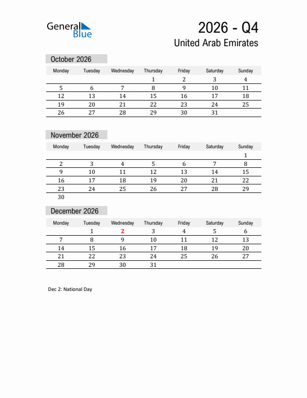 United Arab Emirates Quarter 4 2026 Calendar with Holidays