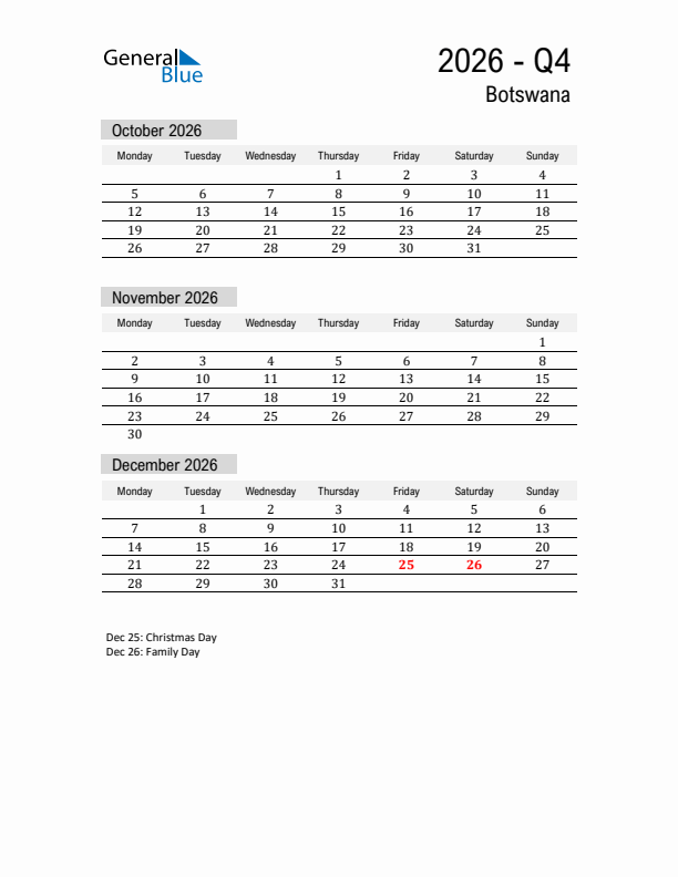 Botswana Quarter 4 2026 Calendar with Holidays