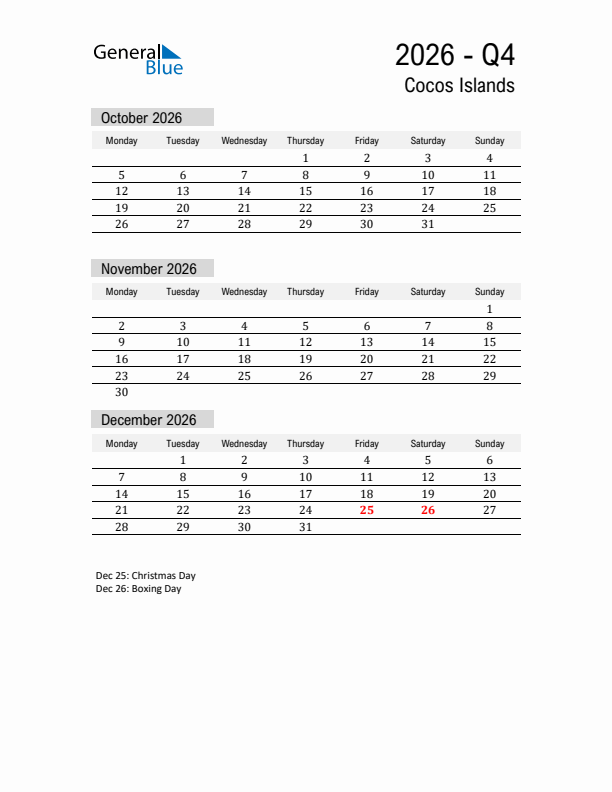 Cocos Islands Quarter 4 2026 Calendar with Holidays