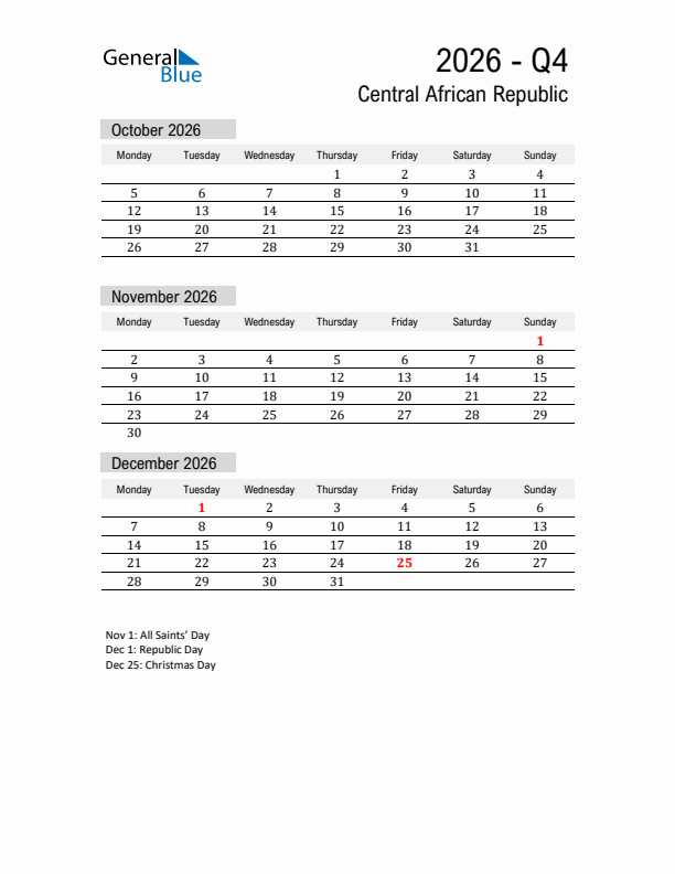 Central African Republic Quarter 4 2026 Calendar with Holidays