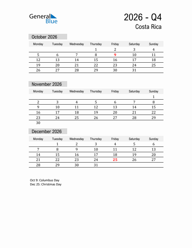 Costa Rica Quarter 4 2026 Calendar with Holidays