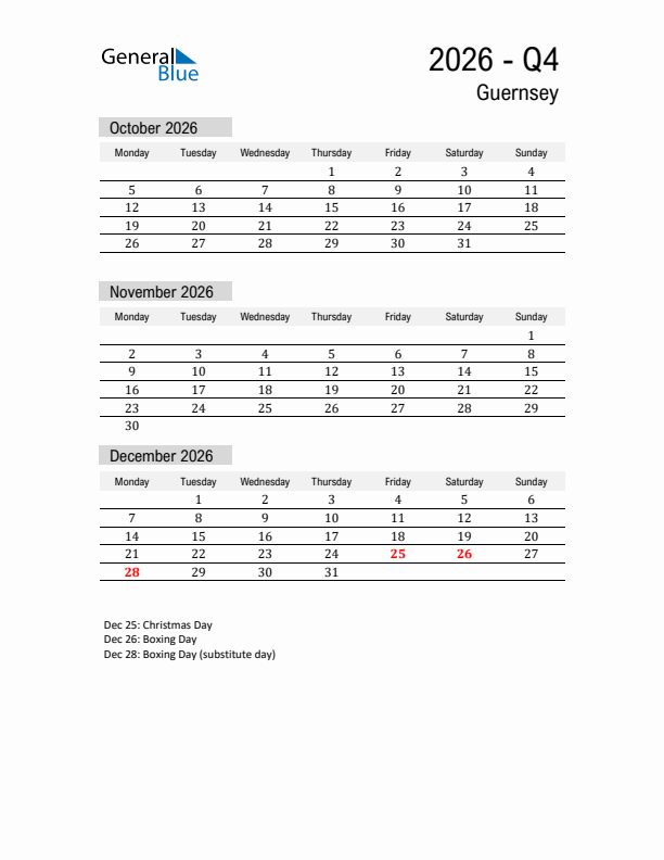 Guernsey Quarter 4 2026 Calendar with Holidays