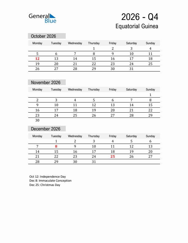 Equatorial Guinea Quarter 4 2026 Calendar with Holidays