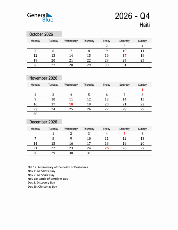 Haiti Quarter 4 2026 Calendar with Holidays