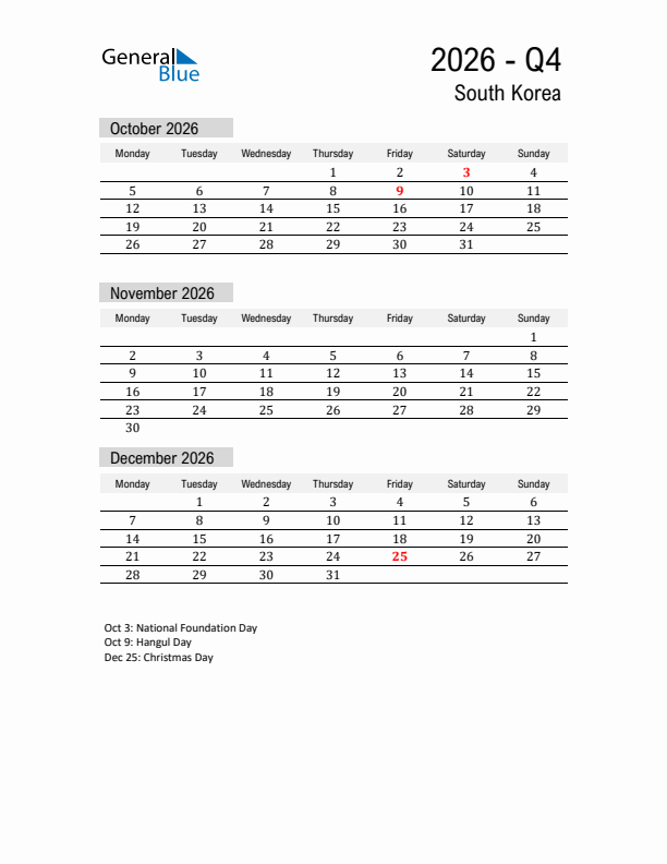 South Korea Quarter 4 2026 Calendar with Holidays