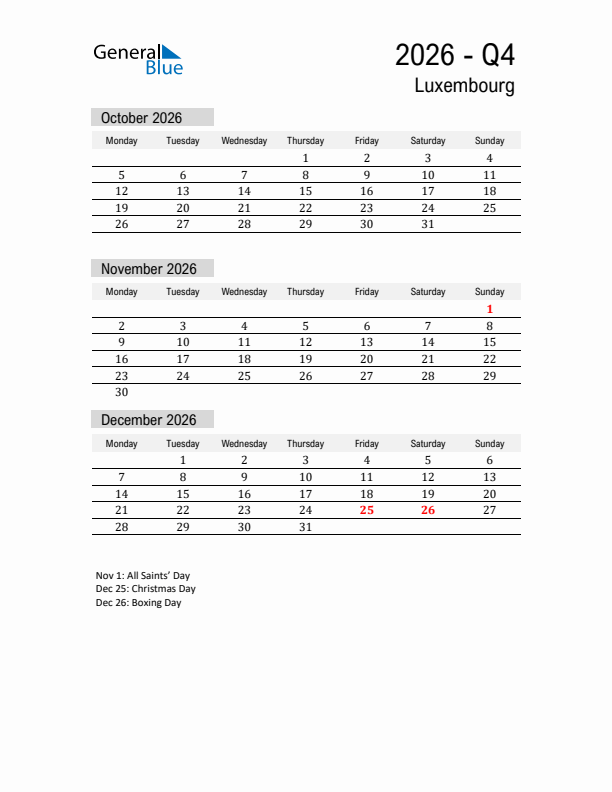 Luxembourg Quarter 4 2026 Calendar with Holidays