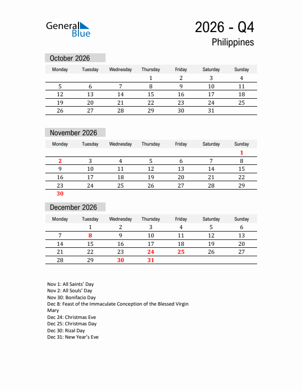 Philippines Quarter 4 2026 Calendar with Holidays