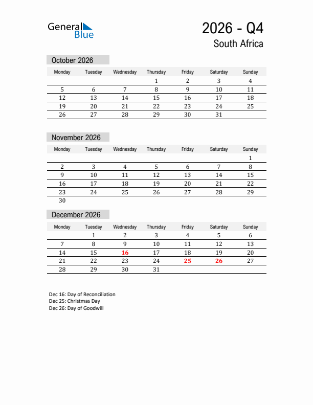 South Africa Quarter 4 2026 Calendar with Holidays