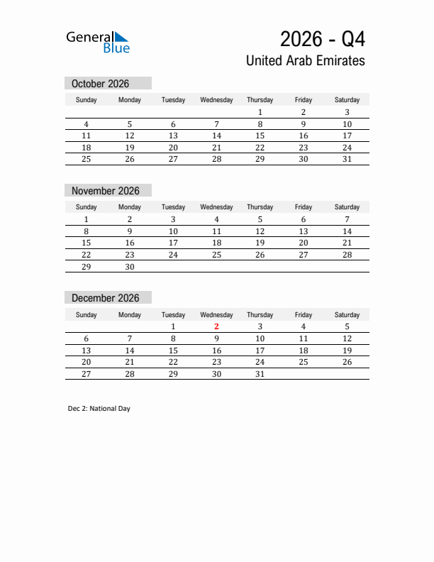 United Arab Emirates Quarter 4 2026 Calendar with Holidays