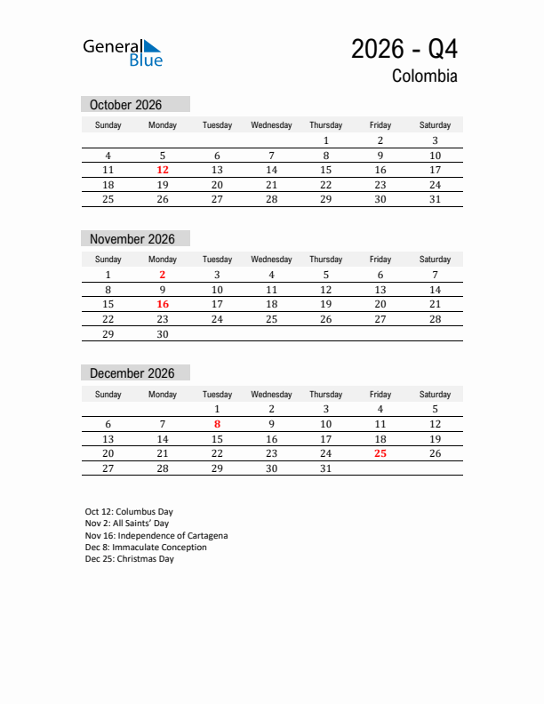 Colombia Quarter 4 2026 Calendar with Holidays