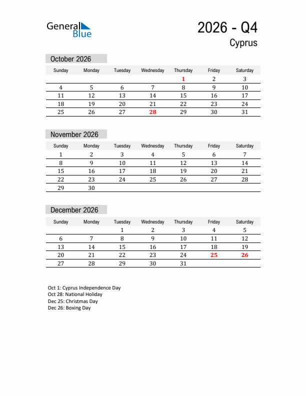 Cyprus Quarter 4 2026 Calendar with Holidays