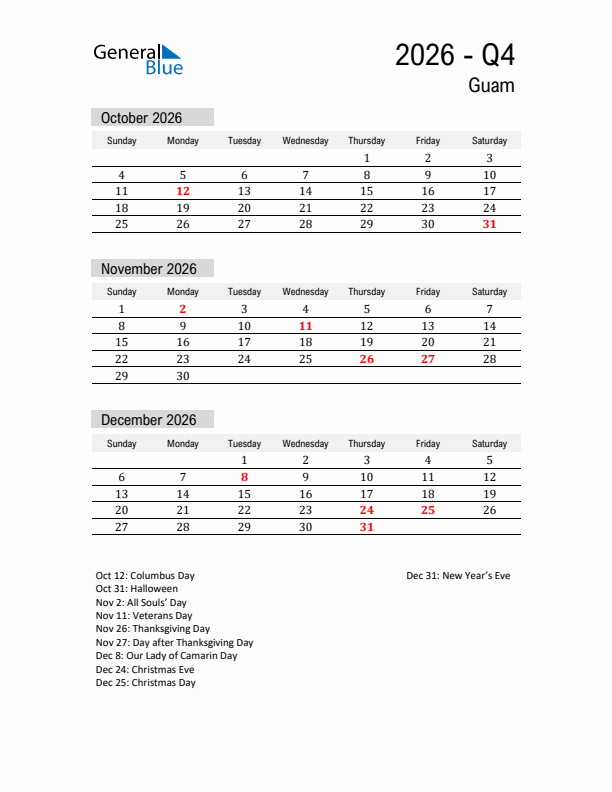 Guam Quarter 4 2026 Calendar with Holidays