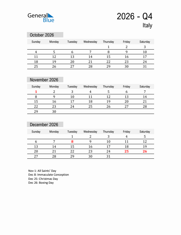 Italy Quarter 4 2026 Calendar with Holidays