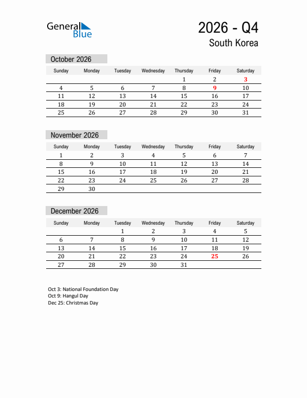 South Korea Quarter 4 2026 Calendar with Holidays