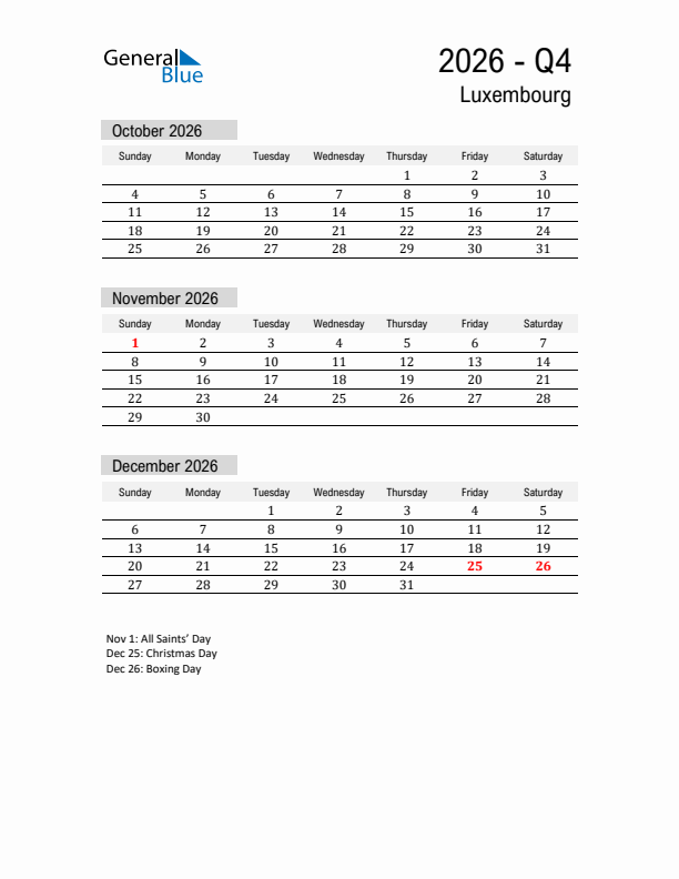 Luxembourg Quarter 4 2026 Calendar with Holidays