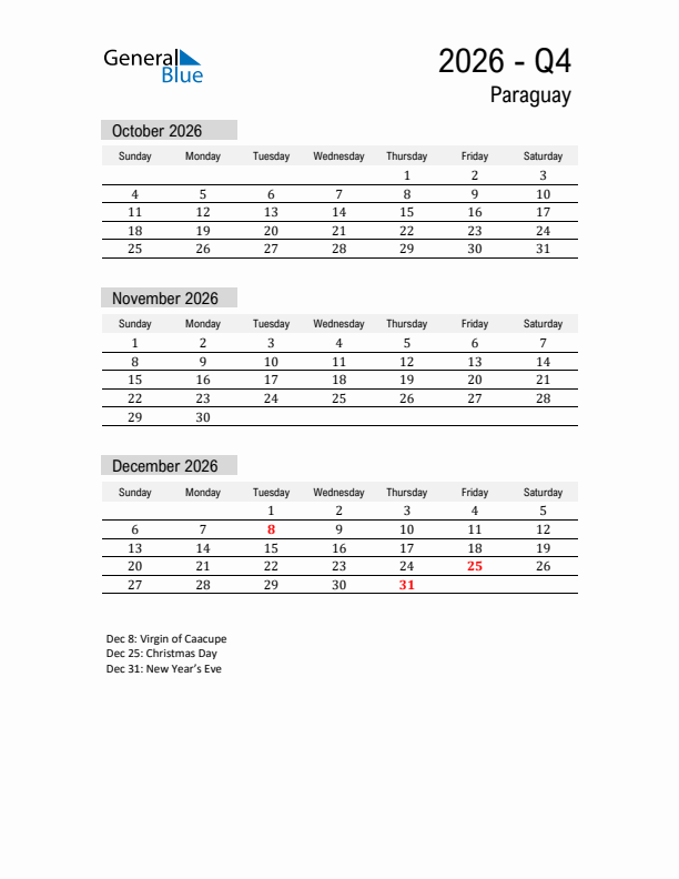 Paraguay Quarter 4 2026 Calendar with Holidays