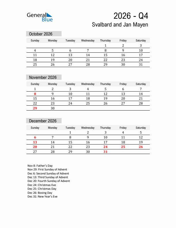 Svalbard and Jan Mayen Quarter 4 2026 Calendar with Holidays
