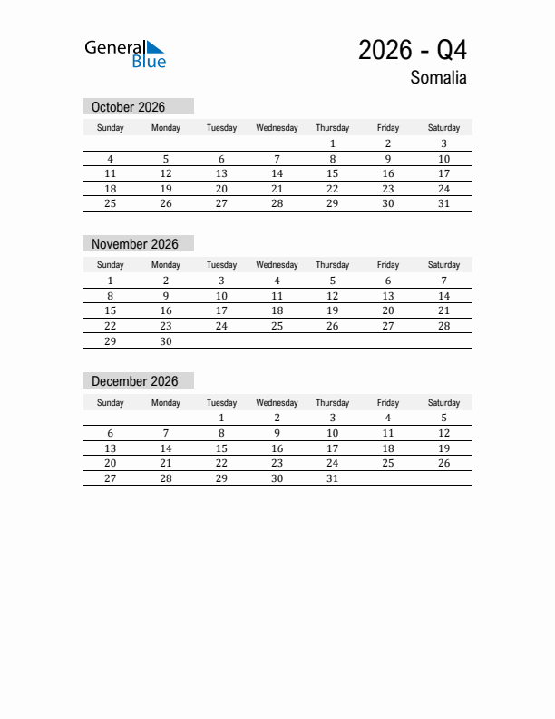 Somalia Quarter 4 2026 Calendar with Holidays