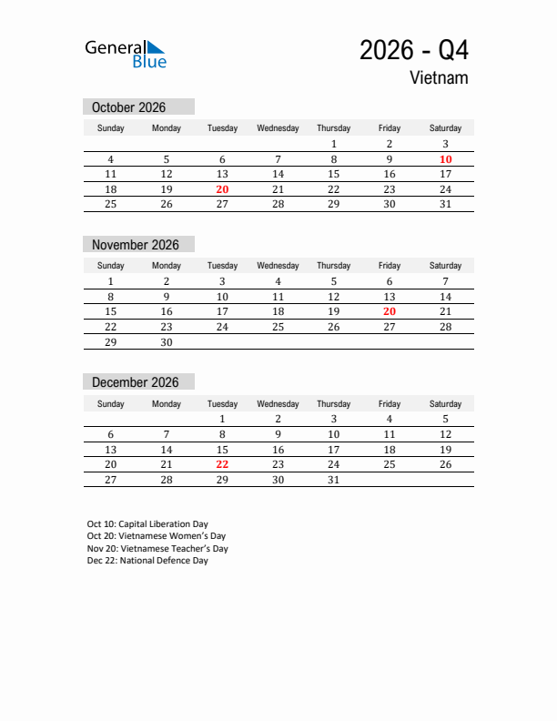 Vietnam Quarter 4 2026 Calendar with Holidays