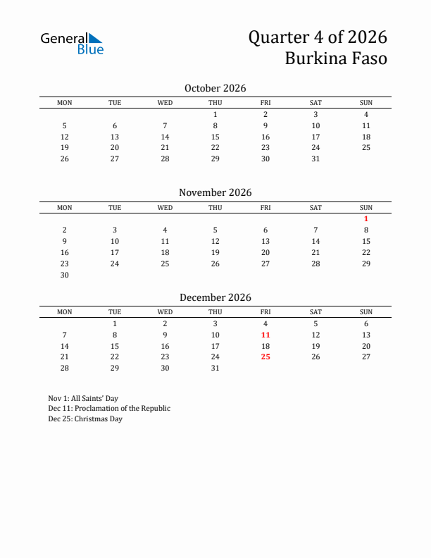 Quarter 4 2026 Burkina Faso Quarterly Calendar