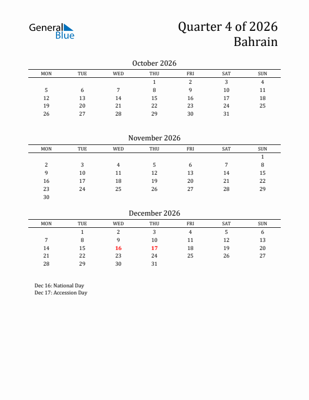 Quarter 4 2026 Bahrain Quarterly Calendar