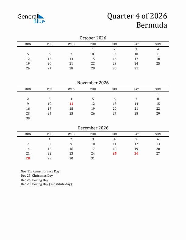 Quarter 4 2026 Bermuda Quarterly Calendar