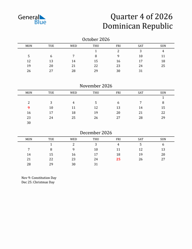 Quarter 4 2026 Dominican Republic Quarterly Calendar