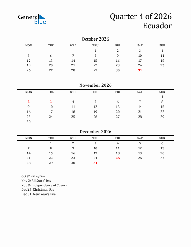 Quarter 4 2026 Ecuador Quarterly Calendar