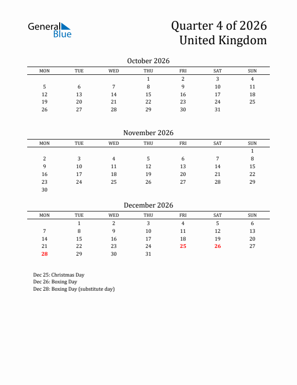 Quarter 4 2026 United Kingdom Quarterly Calendar