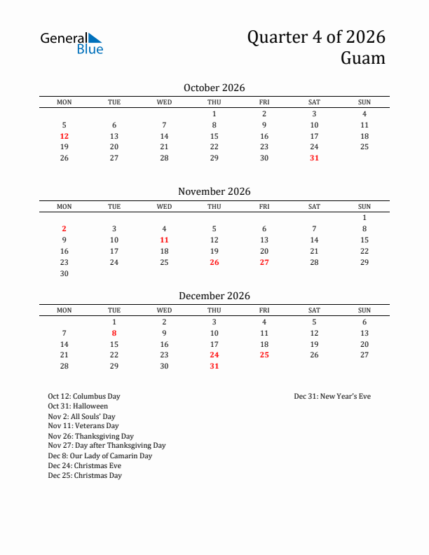 Quarter 4 2026 Guam Quarterly Calendar