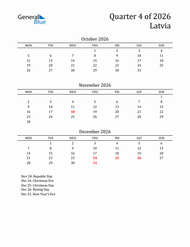 Quarter 4 2026 Latvia Quarterly Calendar