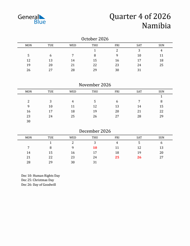 Quarter 4 2026 Namibia Quarterly Calendar