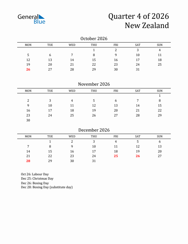 Quarter 4 2026 New Zealand Quarterly Calendar