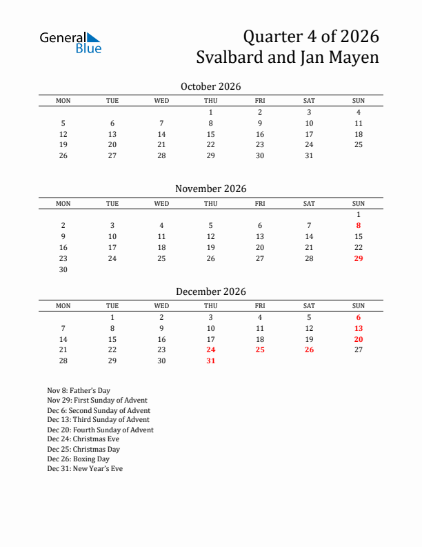 Quarter 4 2026 Svalbard and Jan Mayen Quarterly Calendar