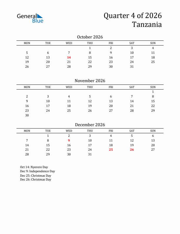 Quarter 4 2026 Tanzania Quarterly Calendar