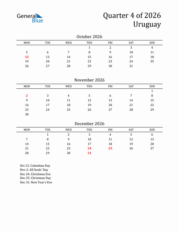 Quarter 4 2026 Uruguay Quarterly Calendar