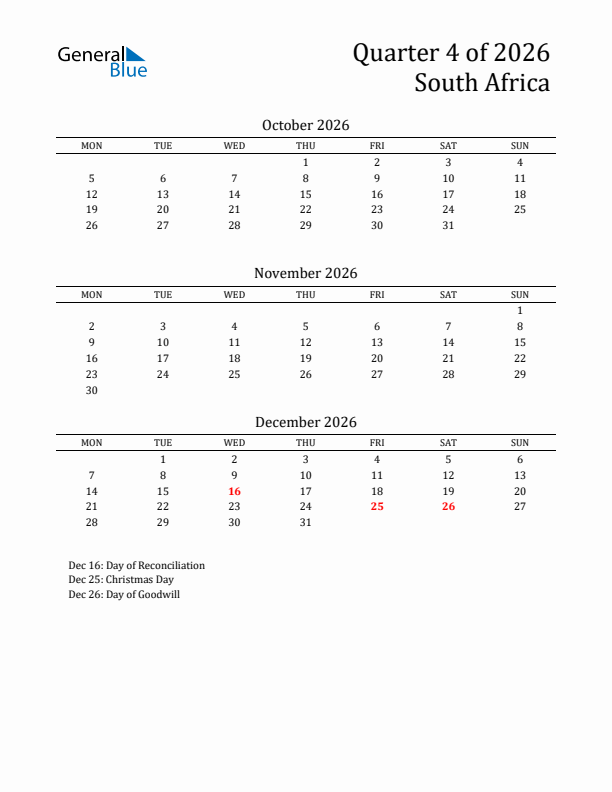 Quarter 4 2026 South Africa Quarterly Calendar