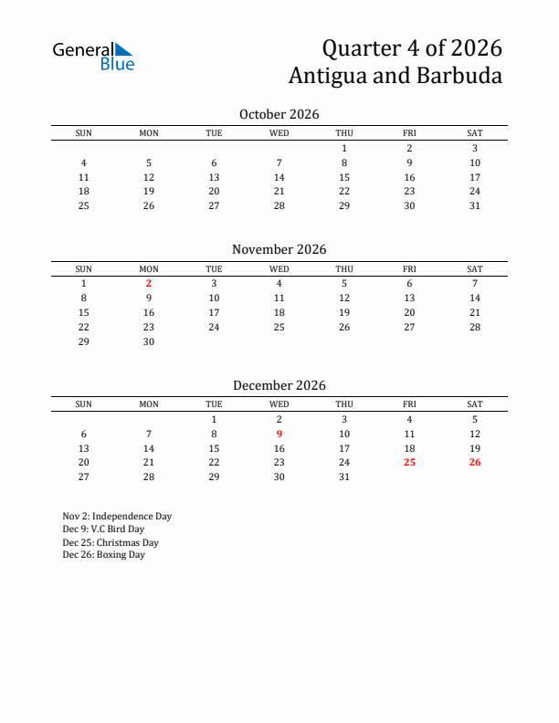 Quarter 4 2026 Antigua and Barbuda Quarterly Calendar