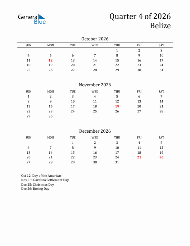 Quarter 4 2026 Belize Quarterly Calendar