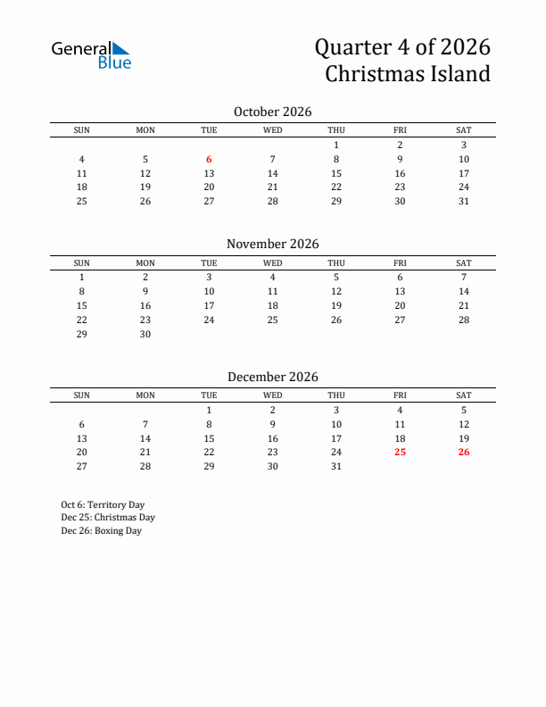 Quarter 4 2026 Christmas Island Quarterly Calendar